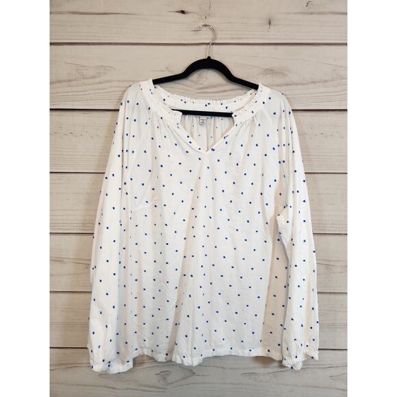 Croft & Barrow Women's White‎ Blue Polka Dot Cotton V-Neck Long Sleeve Blouse 2X - Picture 1 of 6